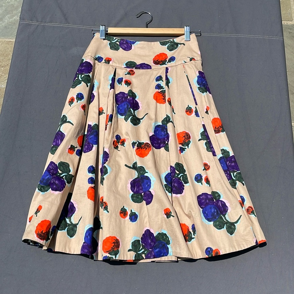 Anthropologie Beige Midi Skirt with Purple and Orange Floral Print